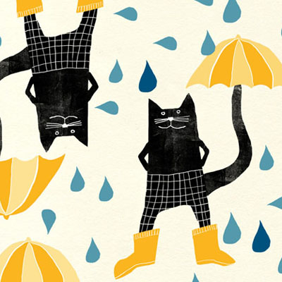 a quirky cat and umbrella pattern in yellow and black