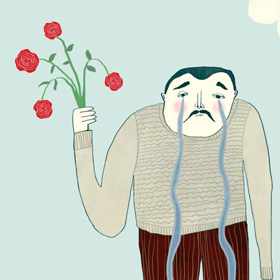 Illustratie van huilende man met rozen en veel verdriet
