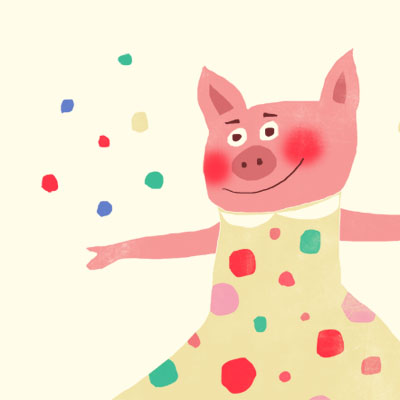 Priscilla Party pig animal character for Childrens picture book