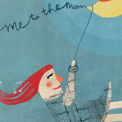 Fly me to the moon illustration of a girl flying in the air with the moon