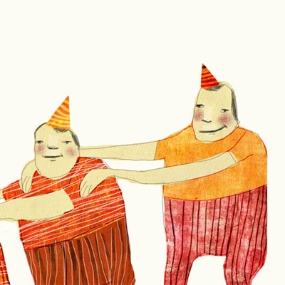 Quirky illustration of three clowns dancing a polonaise