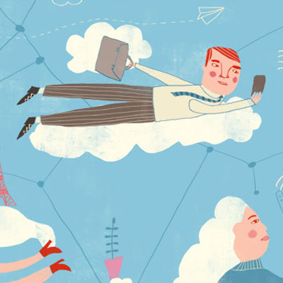 Illustration of digital nomads flying in the cloud