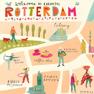 Illustrated map of colorful and multi-cultural Rotterdam