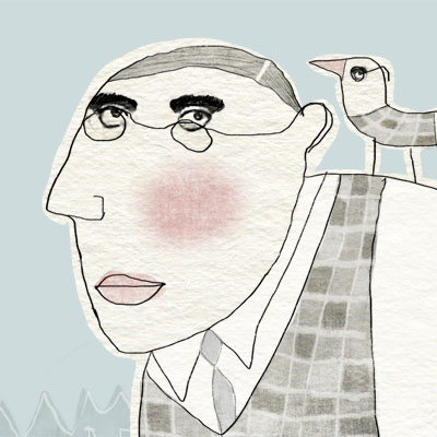 Illustration of a man with his bird - look a like