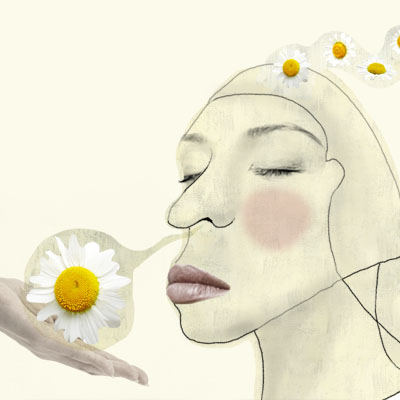 Illustration of a woman smelling flowers