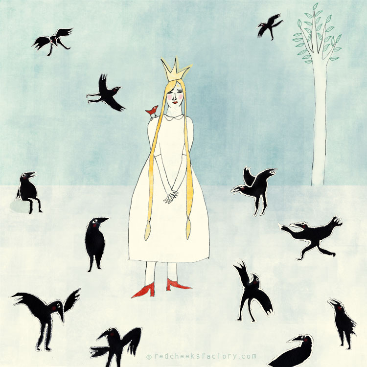 Prinses With Raven  illustration by Nelleke Verhoeff for the twelve brothers fairytale of the Grimm brothers