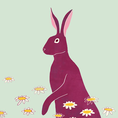 Illustratie van een haas in een veld met bloemen voor het e-book  'Tussen oevers van fluitenkruid'