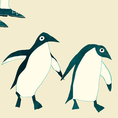 Illustratie vantwee pinguins hand in hand voor het e-book  'Tussen oevers van fluitenkruid'