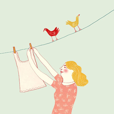 Illustratie van een vrouw die het zomer wasgoed ophangt voor het e-book  'Tussen oevers van fluitenkruid'