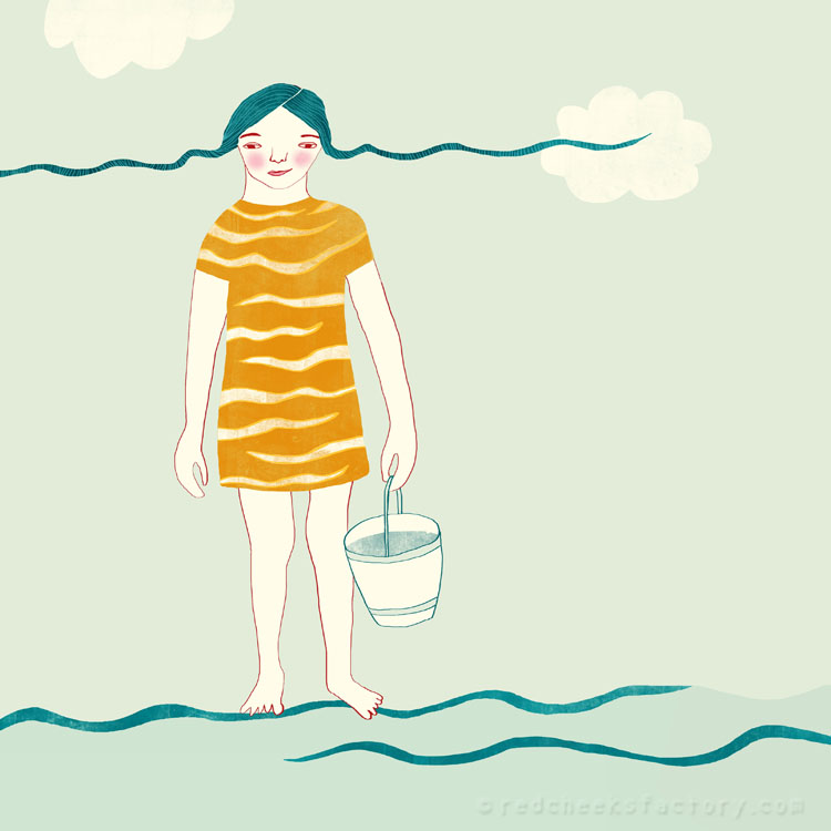 Meisje aan zee Illustratie voor het boek 'Tussen oevers van fluitenkruid' door Geert De Kockere en Nelleke Verhoeff