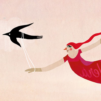 Learn to fly, illustration of a woman who is learning to fly helped by three birds