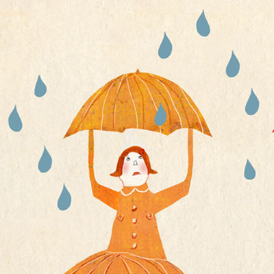 Summer In Holland illustration of two girls in the rain with umbrellas and umbrella dresses