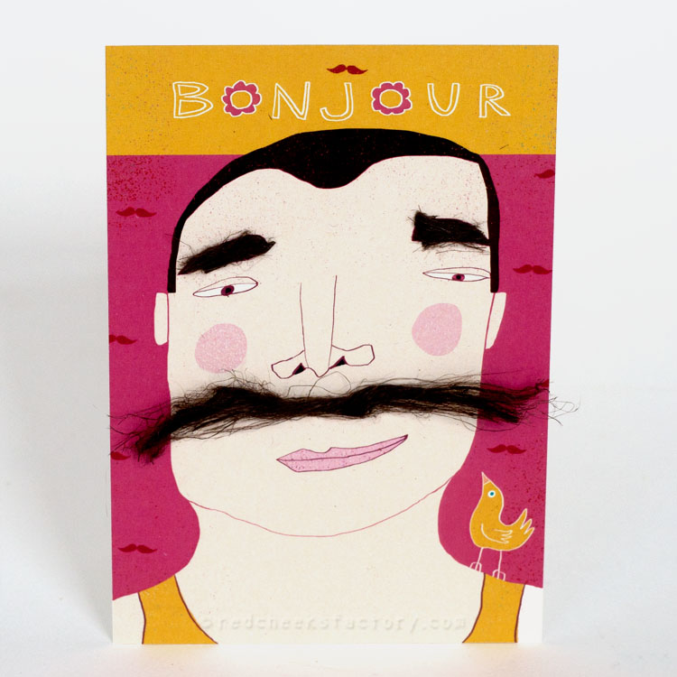 Bonjour Moustache postcard by Nelleke Verhoeff 