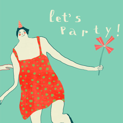 Let's Party- party postcard with three dancing ladies