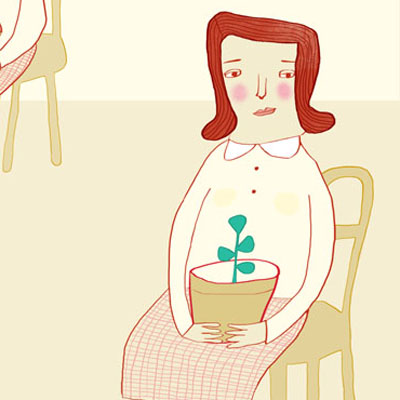 Illustratie van wachtende vrouwen met plant - groei