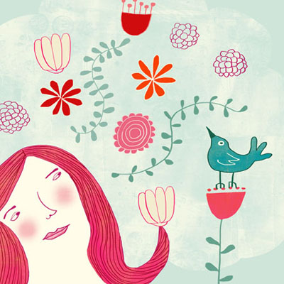 Illustratie van vrouw met vogel en bloemen