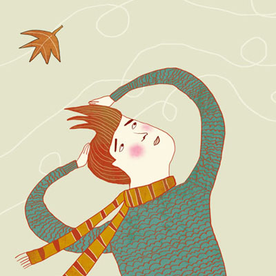 Illustratie van man in de herfst wind en dwarrelende herfstbladeren