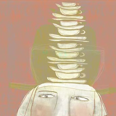 Illustration portrait with teacups balance