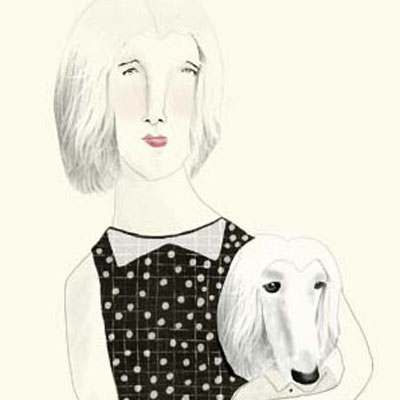 Illustration of a woman with her poodle -look a like