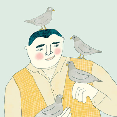 Illustratie voor het boek Vederlicht Man met duiven  door Nelleke verhoeff
