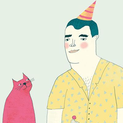 Illustratie voor het boek Vederlicht Eenzame man met kat en feestmuts  door Nelleke verhoeff