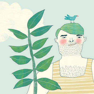 Illustratie voor het boek Vederlicht Man met twee grote planten  door Nelleke verhoeff