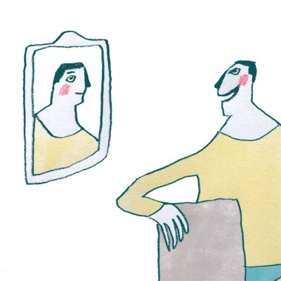 Grap illustratie van teen man die zichzelf in de spiegel bekijkt