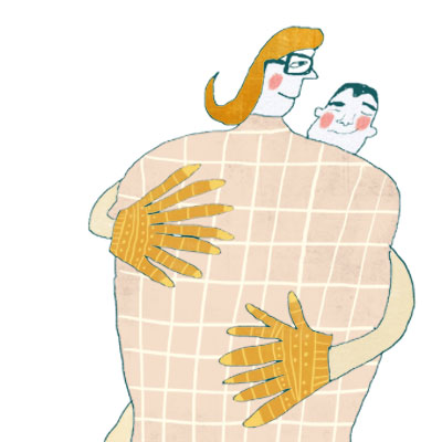 Handen illustratie van een man en een vrouw in een omhelzing met meerdere handen en vingers