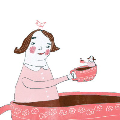 Koffie tas illustratie van een vrouw, gezeten in een kop koffie, die een kop koffie drinkt, die weer een kop koffie drinkt