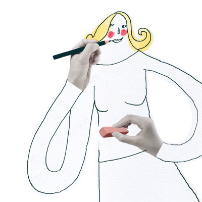 Vervolmaken illustratie van een vrouw die zichzelf tekent en uitgumt, zich vervolmaakt