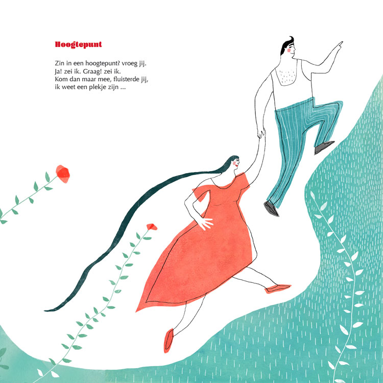 Hoogtepunt  illustratie uit:'We liefden nog lang en gelukkig een poëtisch prentenboek door Geert De Kockere en Nelleke Verhoeff